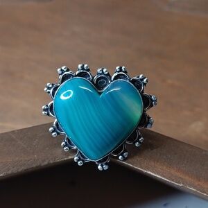 Hand Crafted Teal Botswana Lace Agate Gemstone Heart Ring Silver Plated